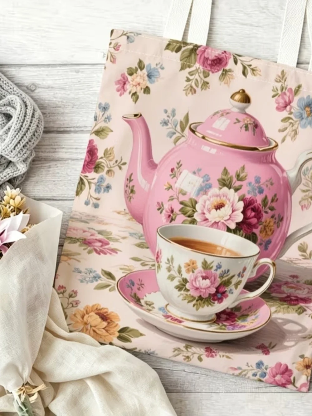 Floral Pink Teapot & Teacup Canvas Tote Bag - Elegant Tea Time Design